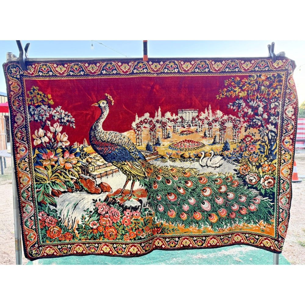 VINTAGE *PRISTINE* 1960's Royal Peacock French Velvet Tapestry