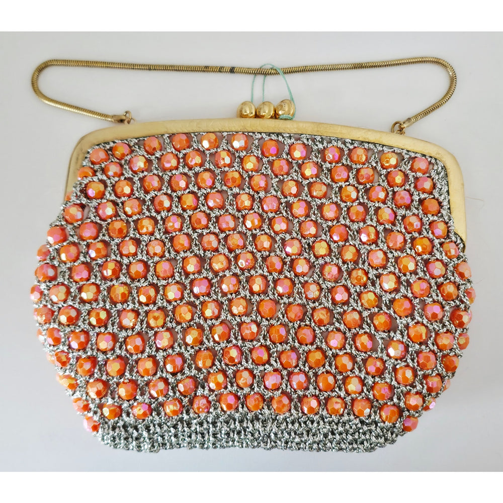 VINTAGE *NEW* 1960's Hand-Made Fancy Beaded Purse Pink with Gold Strap