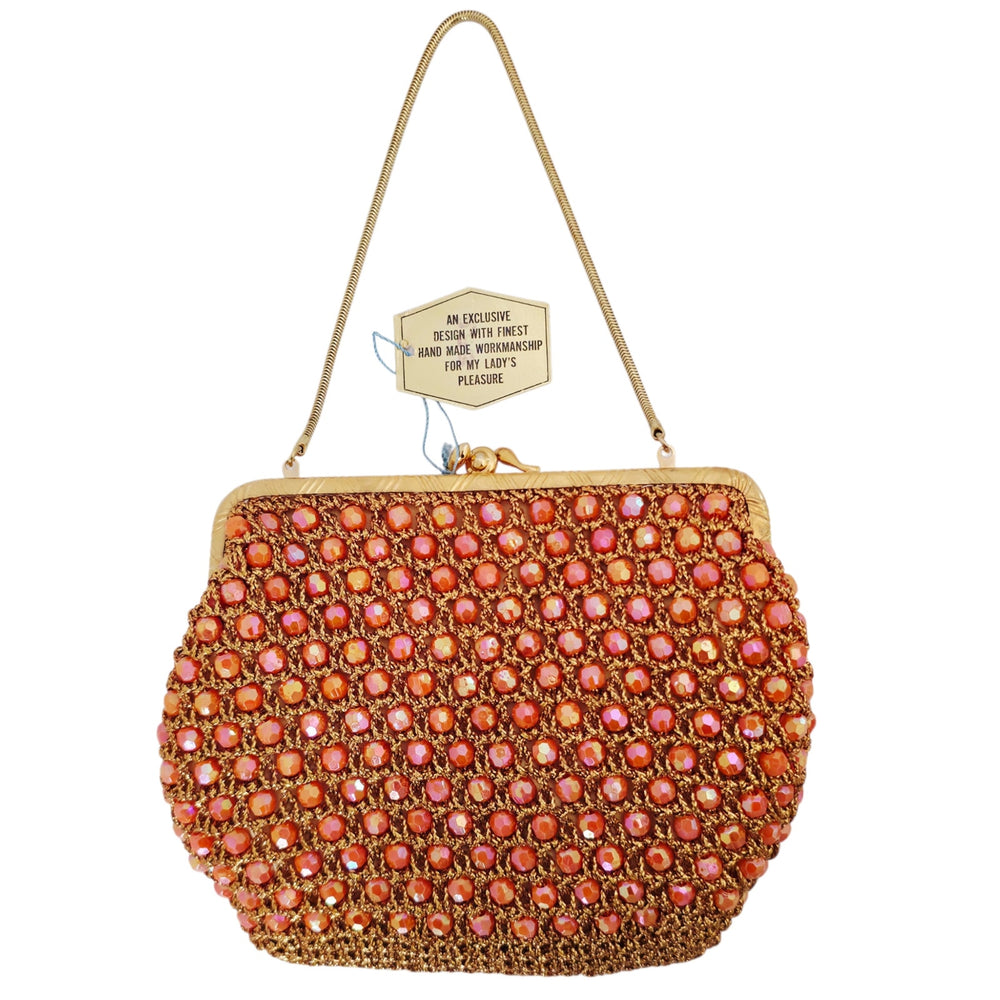 VINTAGE *NEW* 1960's Hand-Made Fancy Beaded Purse Pink with Gold Strap