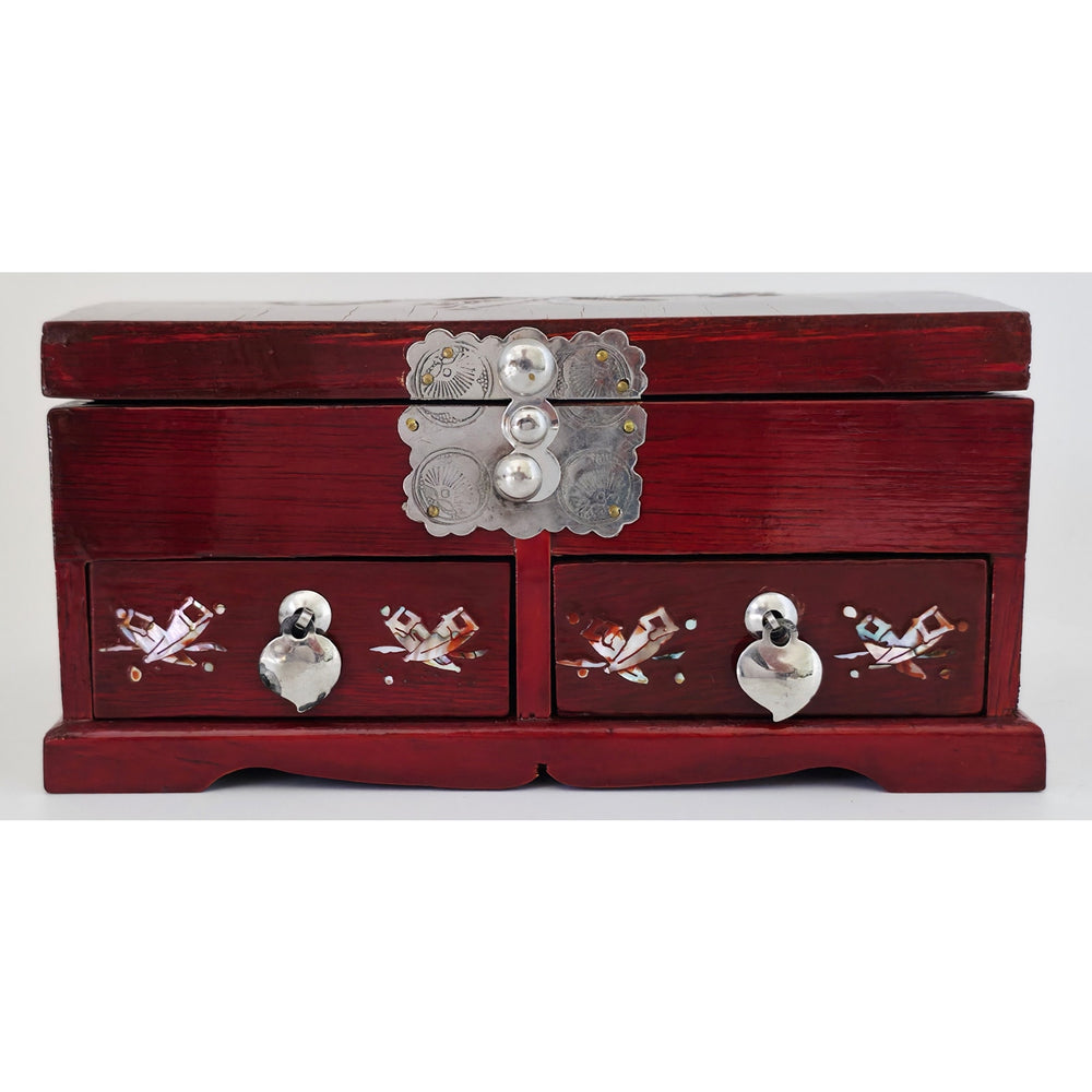VINTAGE *NEW* 1970's Cherry Brown Wooden Jewelry Box with Ornamental Design