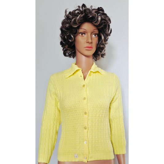 VINTAGE *NEW* 1960's Ban-Lon Women's Bright Yellow Button-Down Sweater Size S (34)