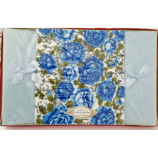 VINTAGE *NEW* 1960's Golden Crown Decorative Guest Towels Blue with Flowers Set 3