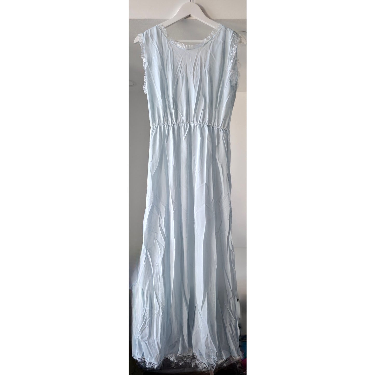 VINTAGE *NEW* 1960's Women's Light Blue Nightgown with White Lace 100% Nylon Size L