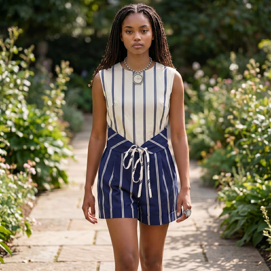 VINTAGE *NEW* 1960's Blue & White Striped Waist Tie Romper Size 12 Japan