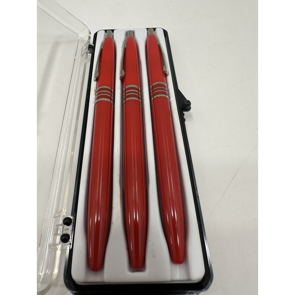 VINTAGE *NEW* Set of 3 Kwik Klik Ballpoint Pens in Case Red/Silver USA