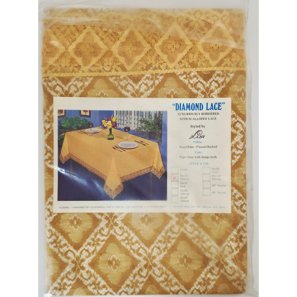 VINTAGE *NEW* 1950's Yellow Lace Oblong 52"X70" Flannel Back Tablecloth Made in USA