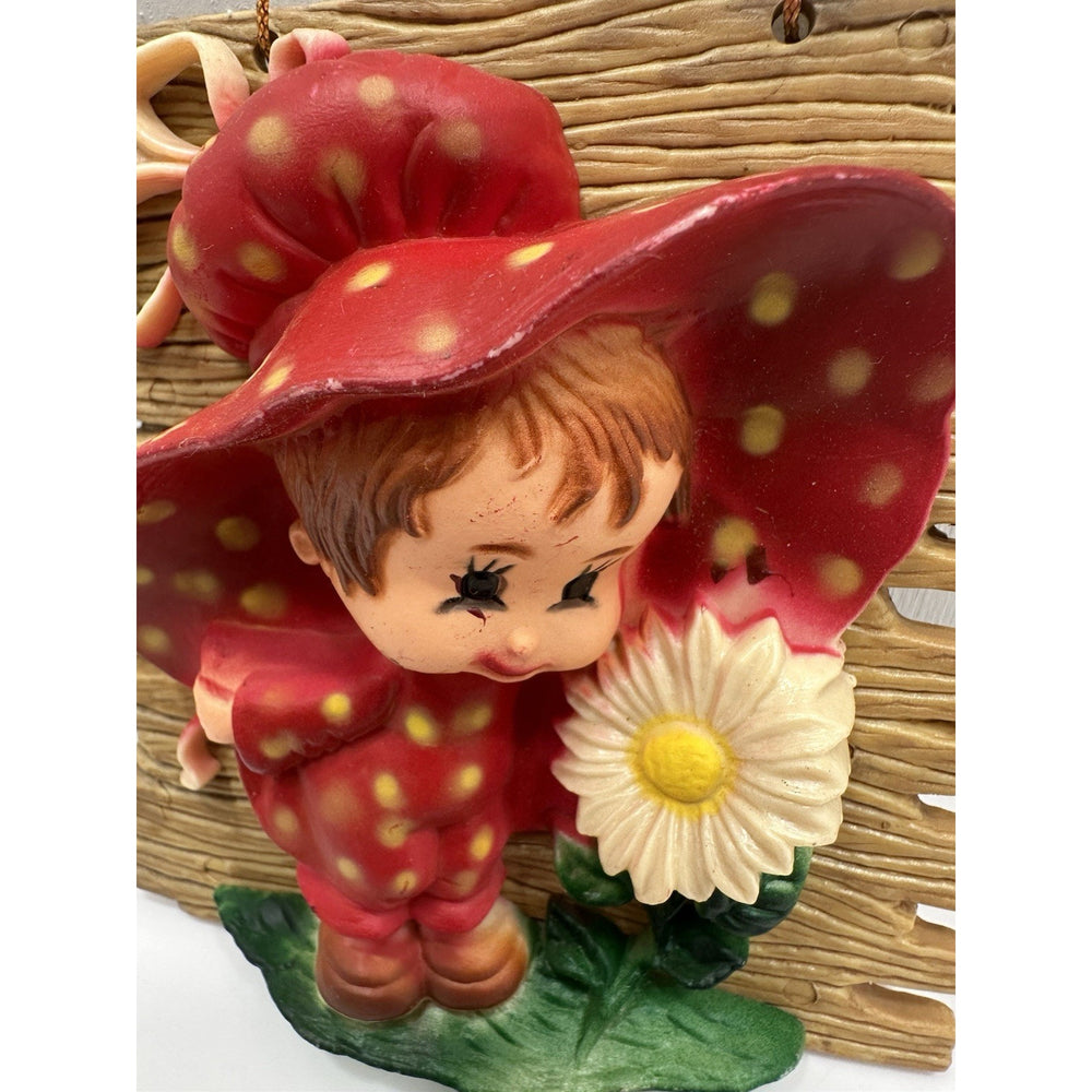 VINTAGE "NEW" 1974 Enesco Girl with Daisy/Swan Wall Plaques Set