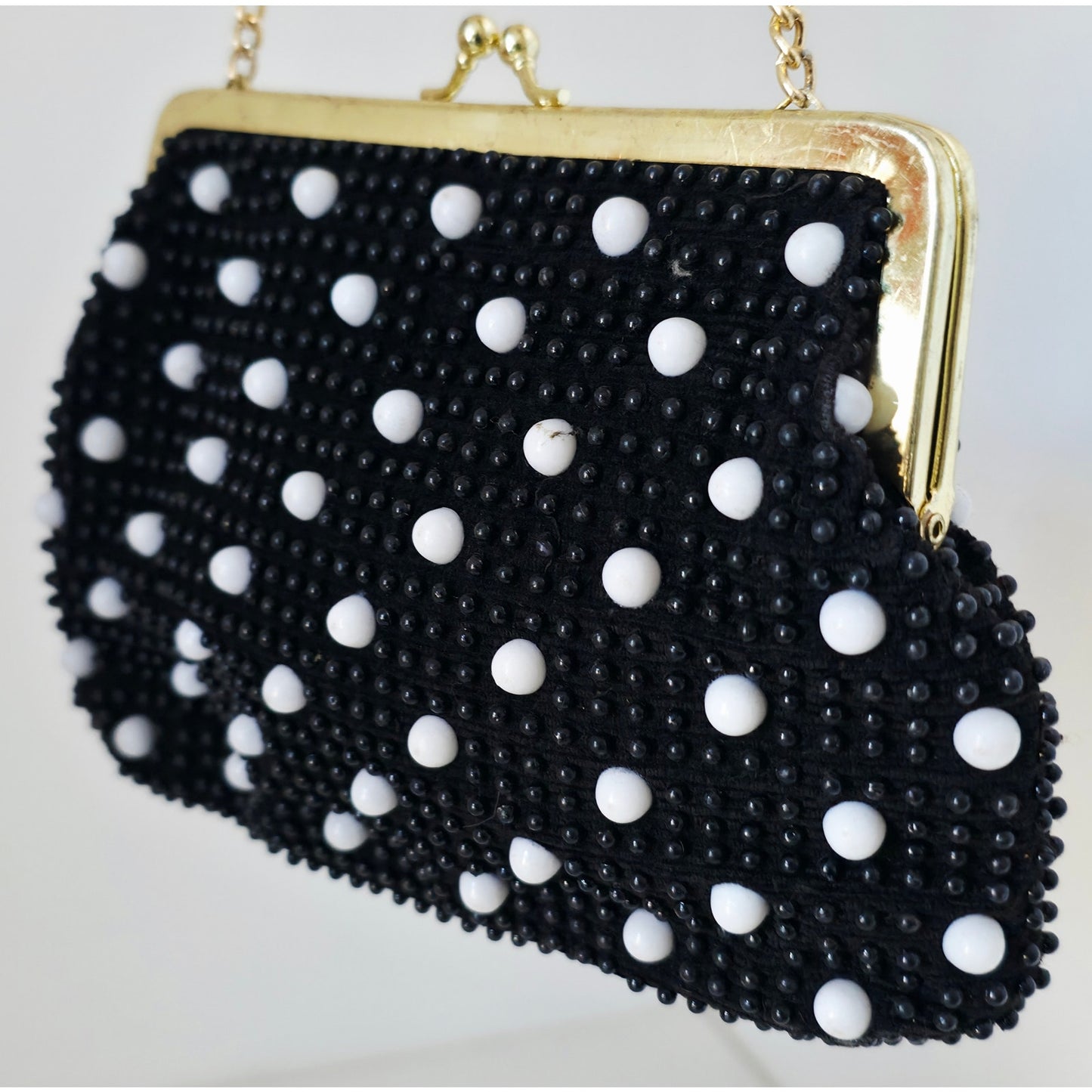 VINTAGE *NEW* 1960's Black and White Beaded Clutch Purse with Gold Chain