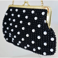 VINTAGE *NEW* 1960's Black and White Beaded Clutch Purse with Gold Chain
