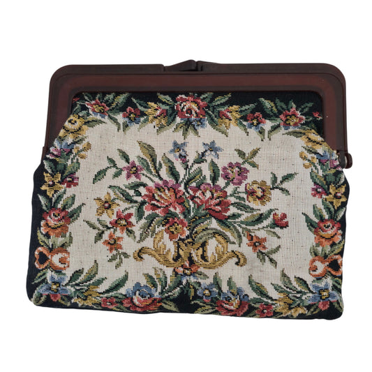 VINTAGE *NEW* 1960's Multicolor Damask Clutch with Brown Wood Handle
