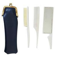 VINTAGE *NEW* 1970's Purse Grooming Set Brush Comb Mirror with Navy Blue Case