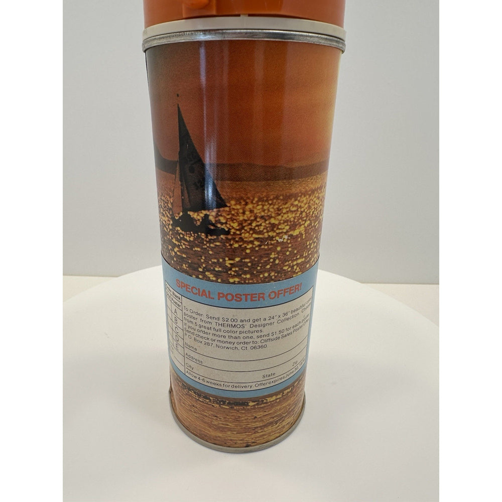 VINTAGE *NEW* 1977 Thermos #2210 Beach Theme w/Orange Lid Vacuum Bottle 14.4oz USA