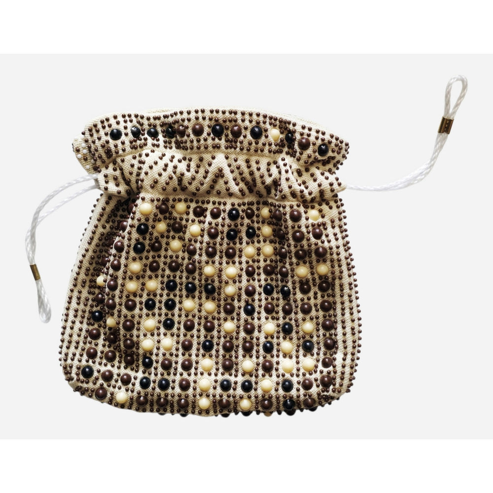 VINTAGE *NEW* 1960's Cream and Brown Beaded Cinch Purse