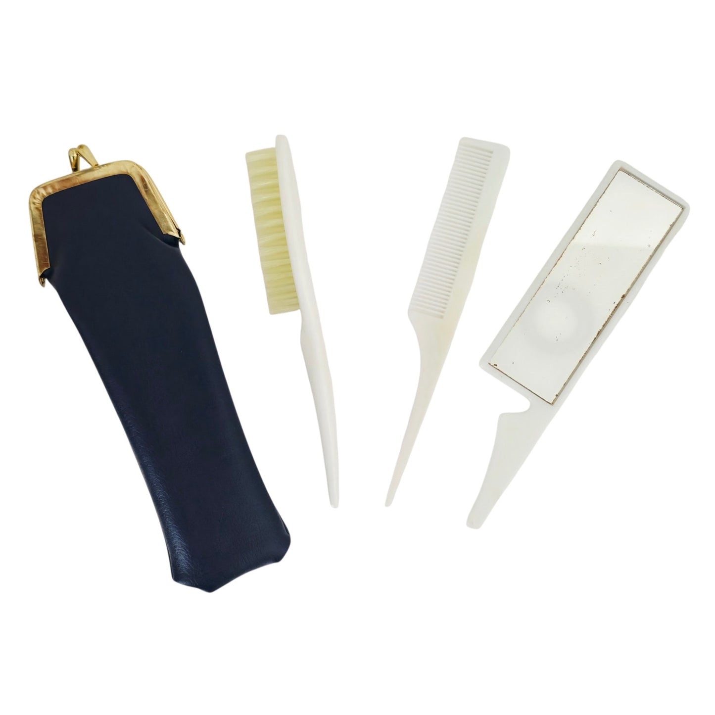 VINTAGE *NEW* 1970's Purse Grooming Set Brush Comb Mirror with Navy Blue Case