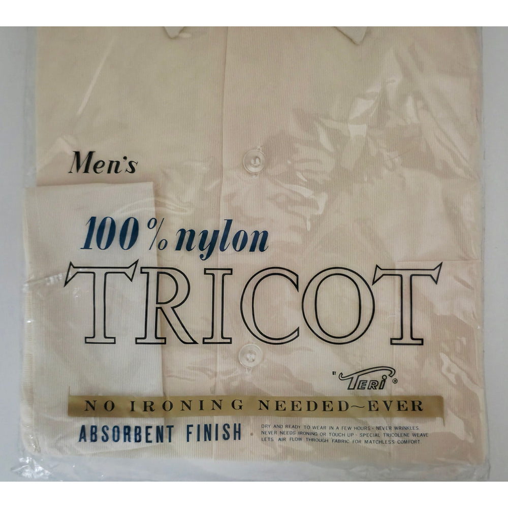 VINTAGE *NEW* 1960's Men's Beige Collared Shirt 100% Nylon TRICOT Size 15.5-33