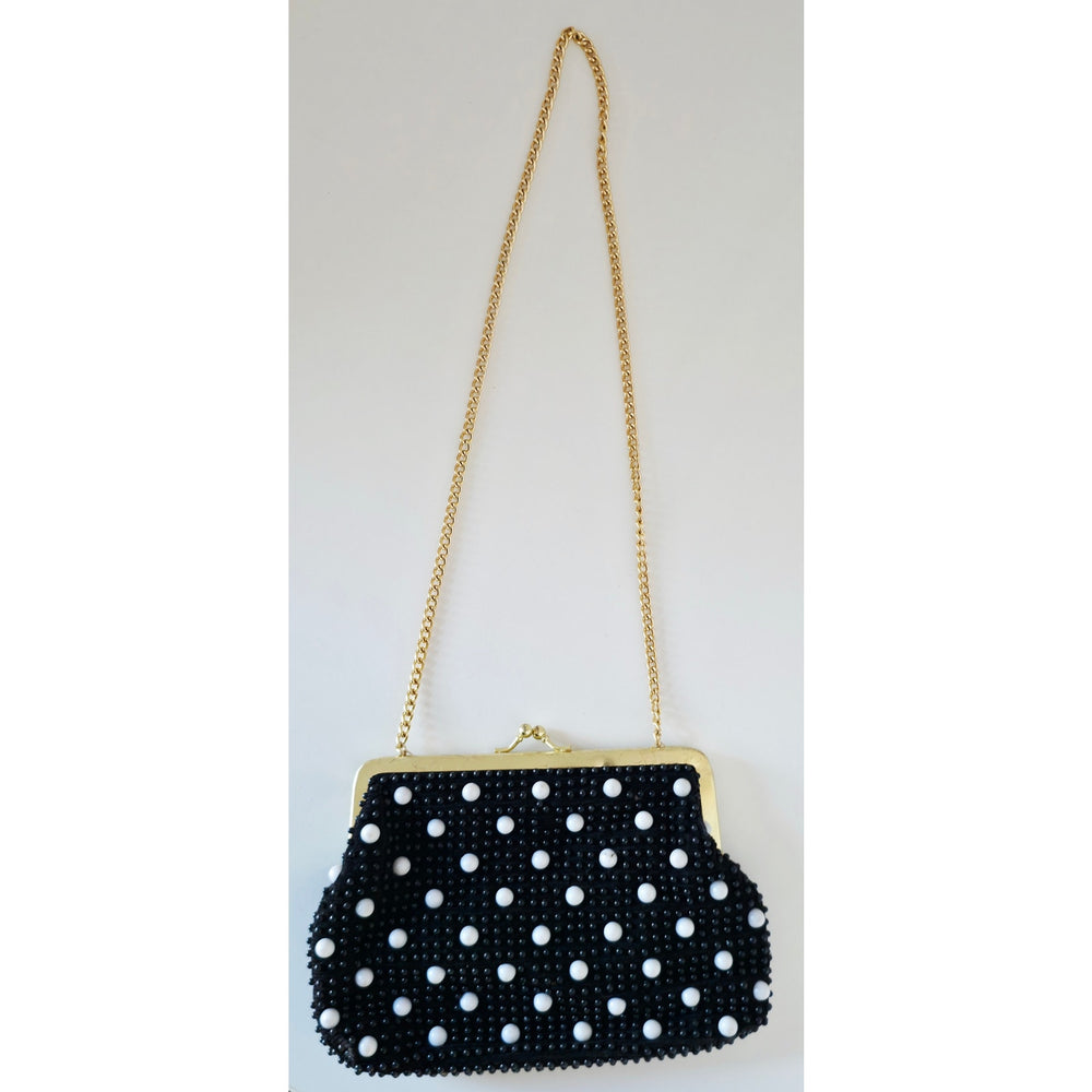 VINTAGE *NEW* 1960's Black and White Beaded Clutch Purse with Gold Chain