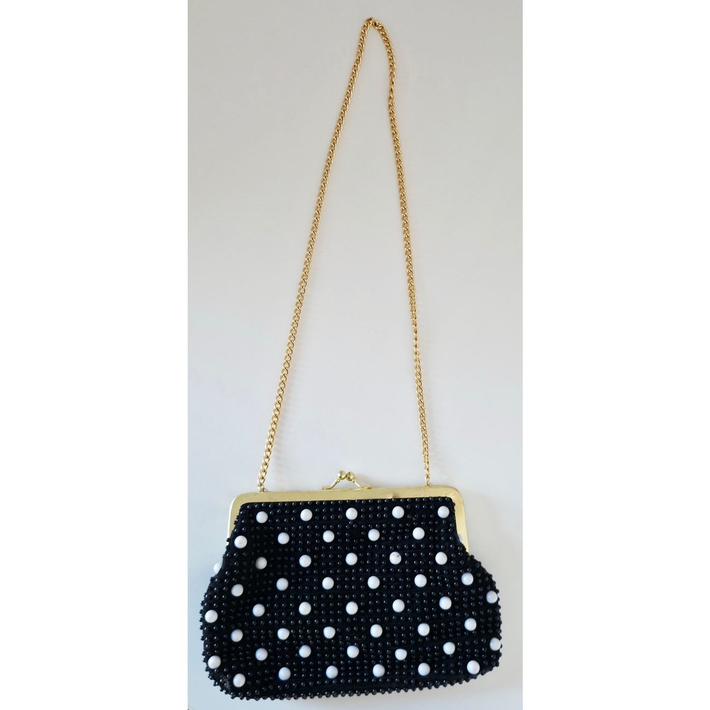 VINTAGE *NEW* 1960's Black and White Beaded Clutch Purse with Gold Chain