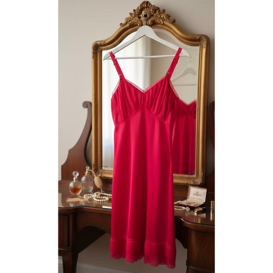 VINTAGE *NEW* 1960's Women's Red with Lace Trim Slip Dress Size 36