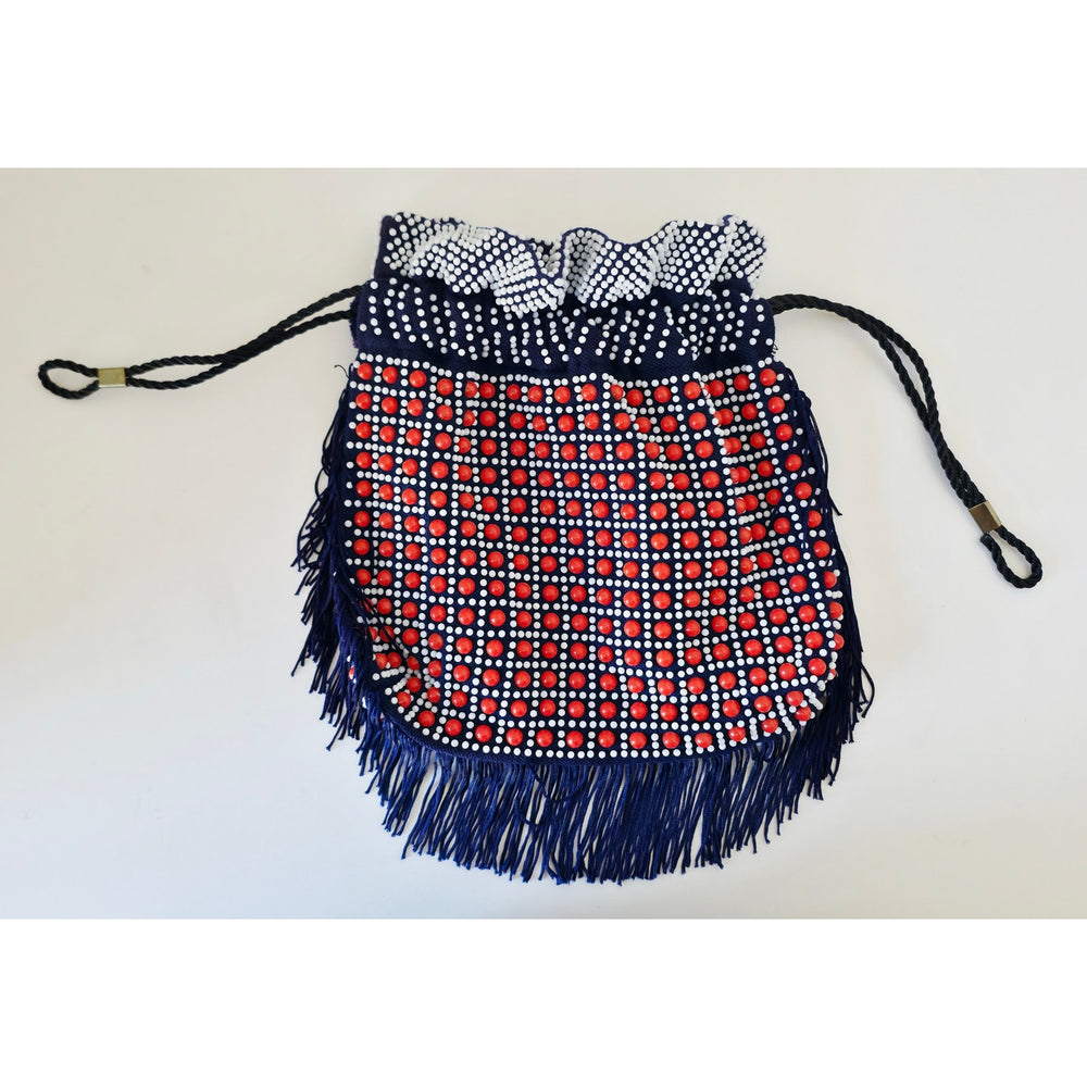 VINTAGE *NEW* 1960's Red, White, Blue Beaded Handbag with Fringe w/Inside Pocket