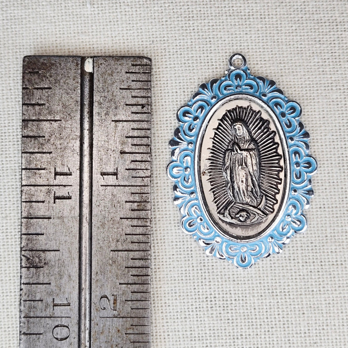 VINTAGE *NEW* 1950's Blue and Silver-Toned Religious Pendant 1.6"