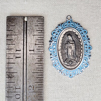 VINTAGE *NEW* 1950's Blue and Silver-Toned Religious Pendant 1.6"