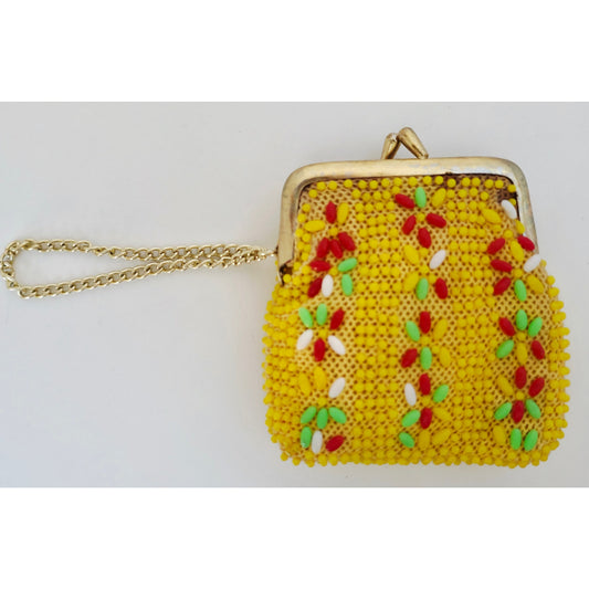 VINTAGE *NEW* 1960's  Fancy Beaded Yellow Small Change Purse with Strap