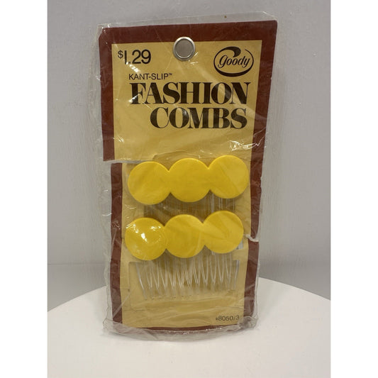 VINTAGE *NEW* 1975 Goody 8050/3 Kant-Slip Fashion Combs Yellow Circles USA