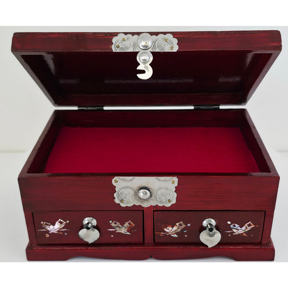 VINTAGE *NEW* 1970's Cherry Brown Wooden Jewelry Box with Ornamental Design