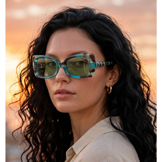 VINTAGE *NEW* 1970's Glam Tortoise Blue & Brown Frame with Green Lens Oversize Sunglasses