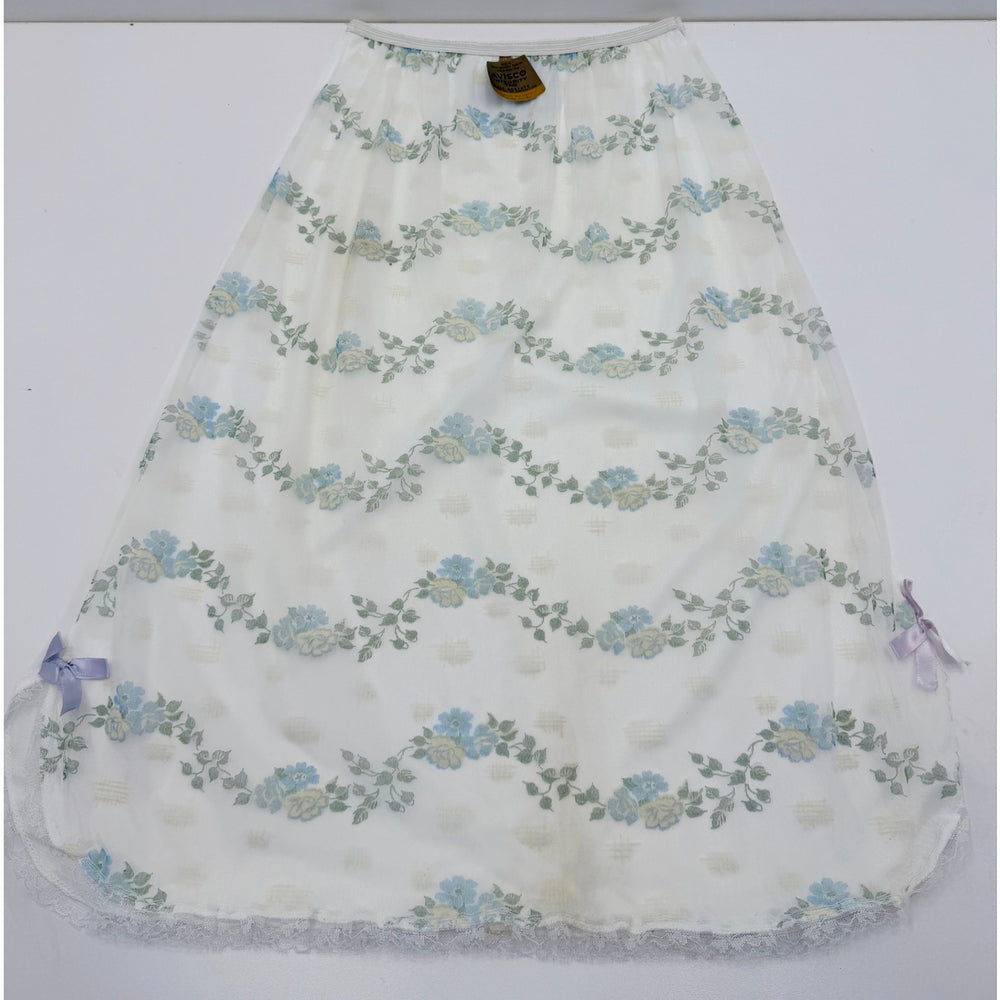 VINTAGE *NEW* 1960's Women's White with Green & Blue Flowers Slip Skirt Size S