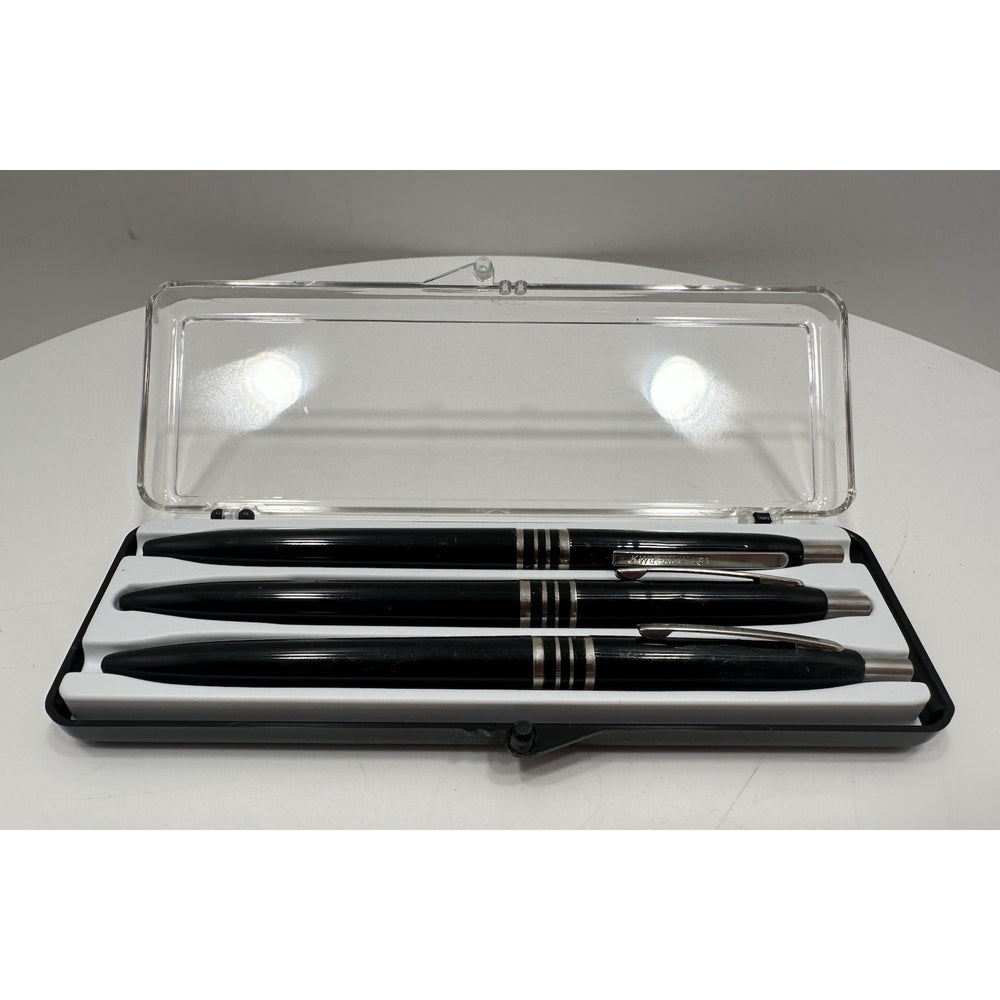 VINTAGE *NEW* Set of 3 Kwik Klik Ballpoint Pens in Case Black/Silver USA