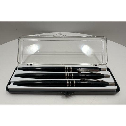 VINTAGE *NEW* Set of 3 Kwik Klik Ballpoint Pens in Case Black/Silver USA