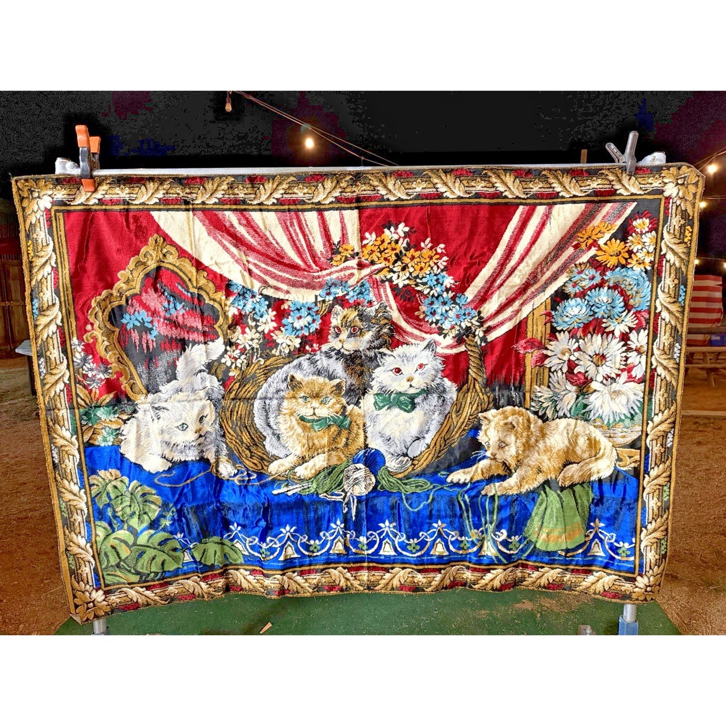 VINTAGE *PRISTINE* 1960's Cat Party Italian Velvet Tapestry