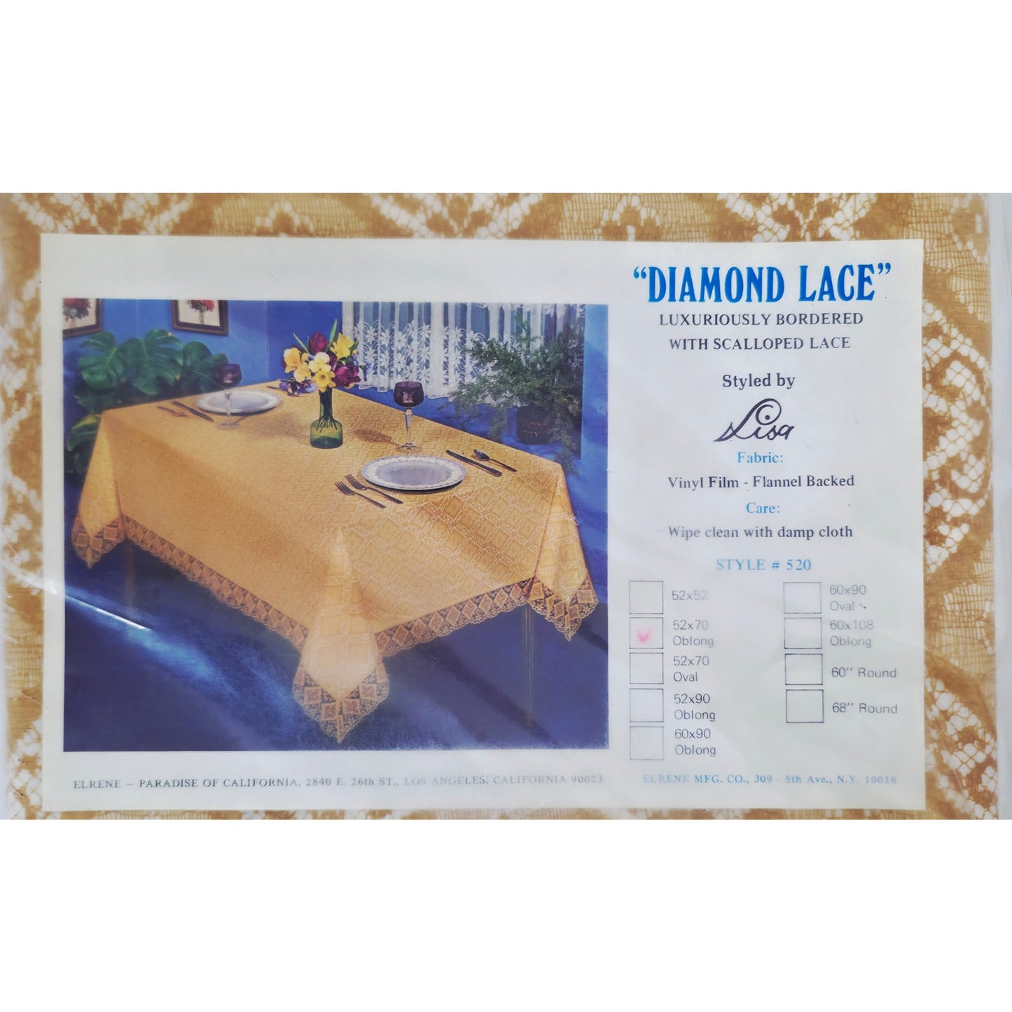 VINTAGE *NEW* 1950's Yellow Lace Oblong 52"X70" Flannel Back Tablecloth Made in USA