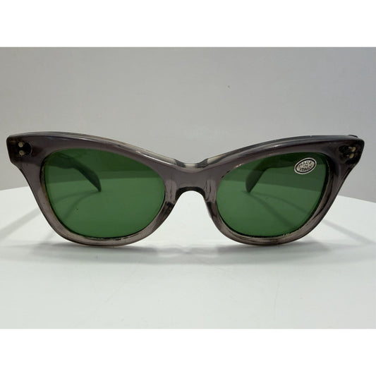 VINTAGE *NEW* 1960's Glam Unisex Sunglasses Gray Rnd Frame/Green Lens ITALY