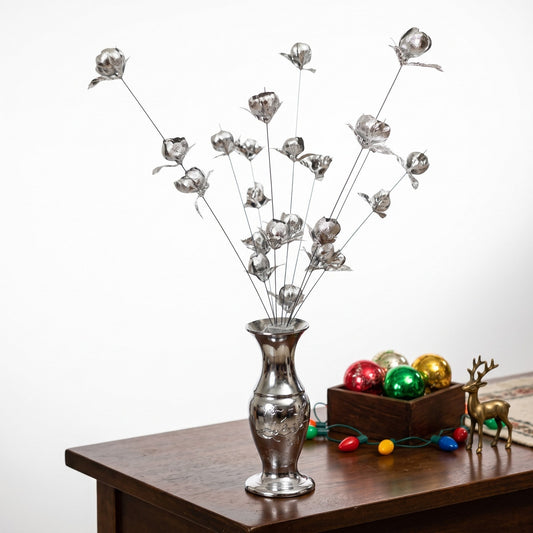 VINTAGE *NEW* 1960's Silver Rose Kinetic 'Noddalbe' Flowers with Vase