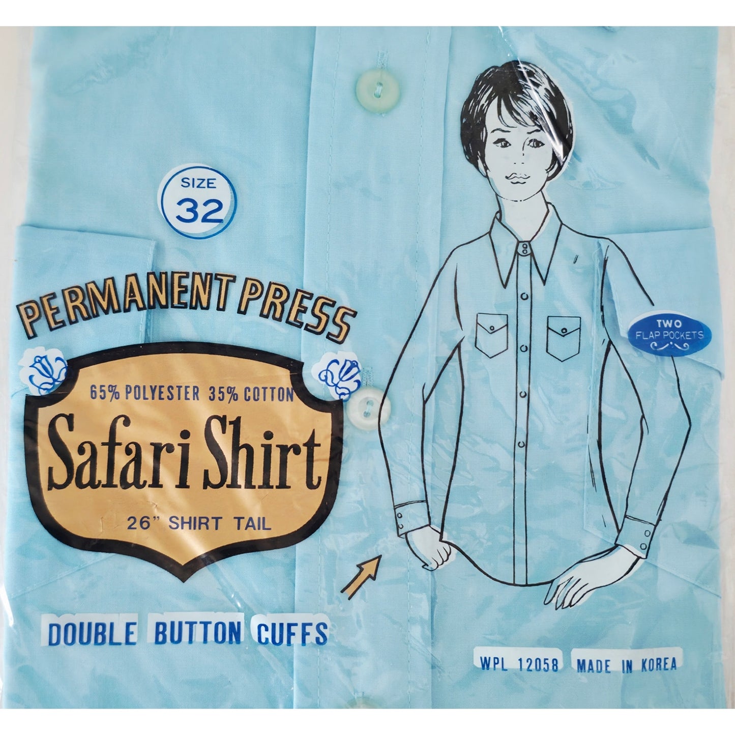 VINTAGE *NEW* 1970's Women's Bright Blue Safari Shirt Poly/Cotton Blend Size 32