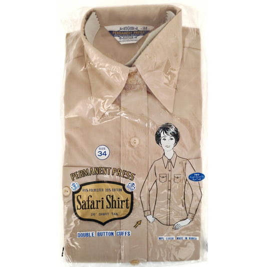 VINTAGE *NEW* 1970's Women's Tan Button Down Safari Shirt Size 34