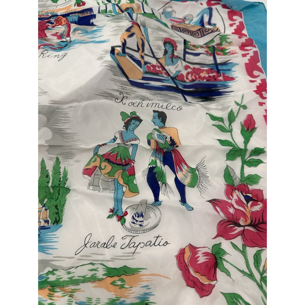 VINTAGE "NEW" 1950's "Juarez" Hand-Rolled Silk Rayon Scarf 31" x 31" - Blue Trim