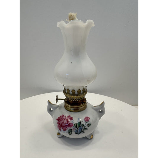 VINTAGE *NEW* 1970's Porcelain Oil Lamp with Flowers