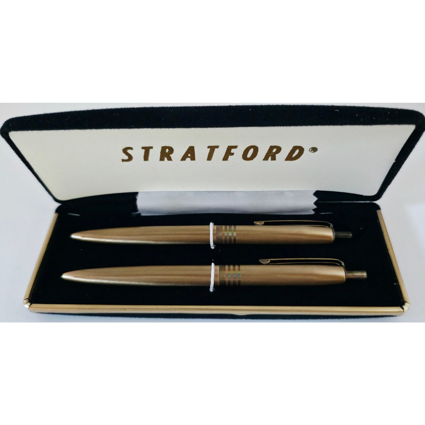 VINTAGE *NEW* 1970's Stratford Metal Pens Bronze w/Stripes in Original Box Set 2