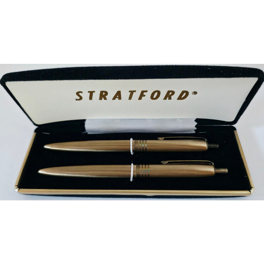 VINTAGE *NEW* 1970's Stratford Metal Pens Bronze w/Stripes in Original Box Set 2