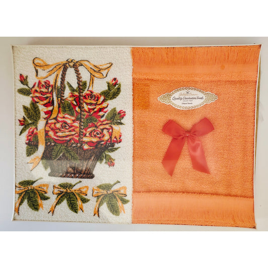 VINTAGE *NEW* 1960's Golden Crown Decorative Guest Towels Orange w/Flowers Set 2