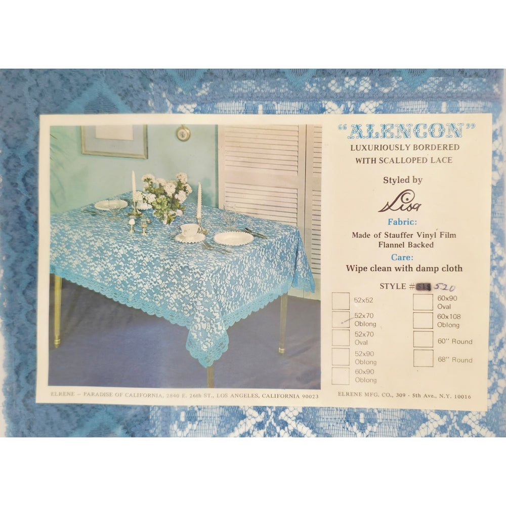 VINTAGE *NEW* 1950's Blue Lace Oblong 52"X 70" Flannel Back Tablecloth Made in USA