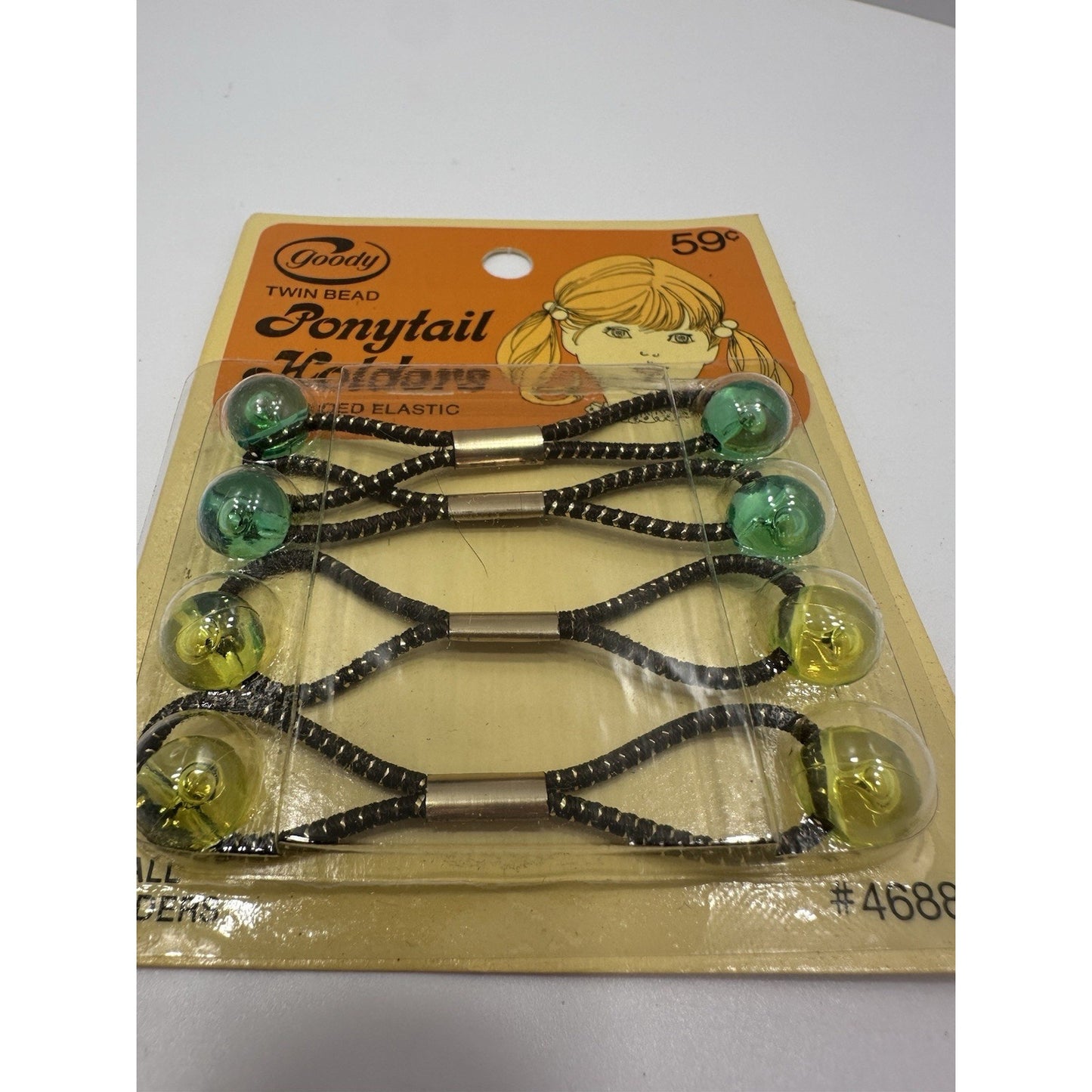 VINTAGE *NEW* 1975 Goody #4688/6 Small Twin Bead Ponytail Holders Set of 4 Gr/Ye