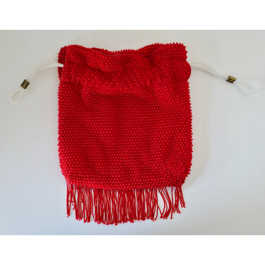 VINTAGE *NEW* 1960's Red  Beaded Drawstring Cinch Purse with Fringe