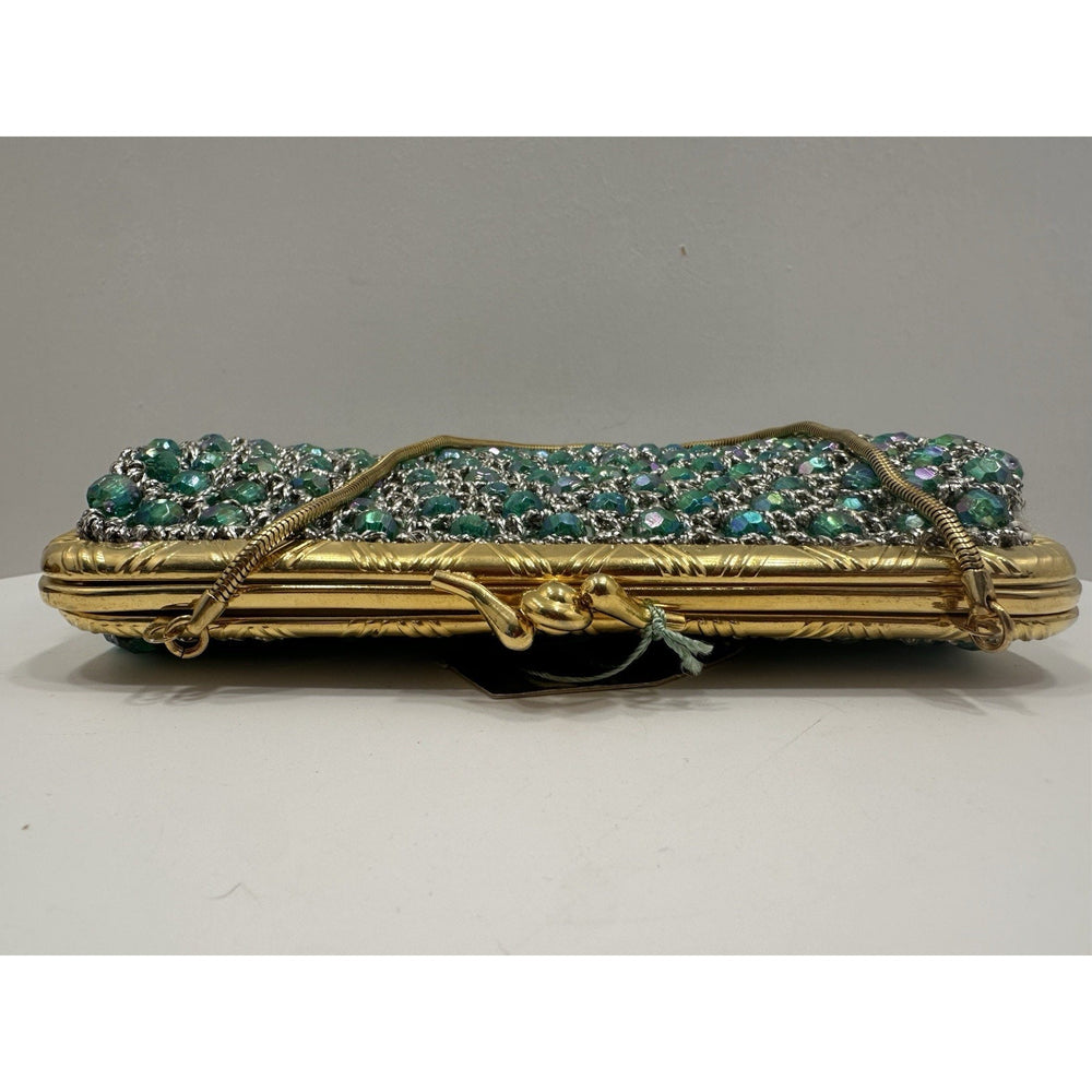 VINTAGE *NEW* 1960's Hand-Made Fancy Beaded Purse Green & Silver with Gold Strap