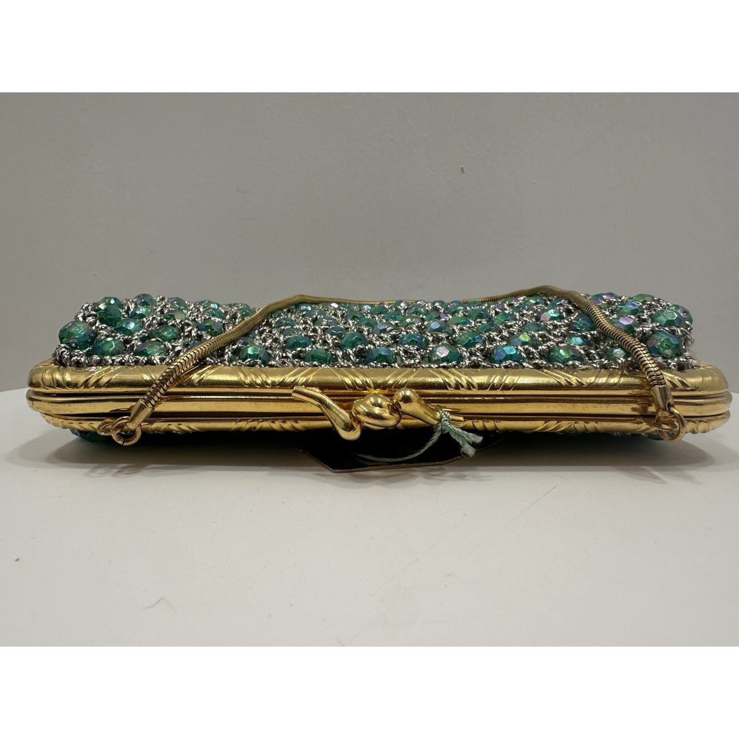 VINTAGE *NEW* 1960's Hand-Made Fancy Beaded Purse Green & Silver with Gold Strap