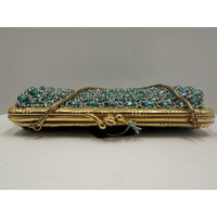 VINTAGE *NEW* 1960's Hand-Made Fancy Beaded Purse Green & Silver with Gold Strap