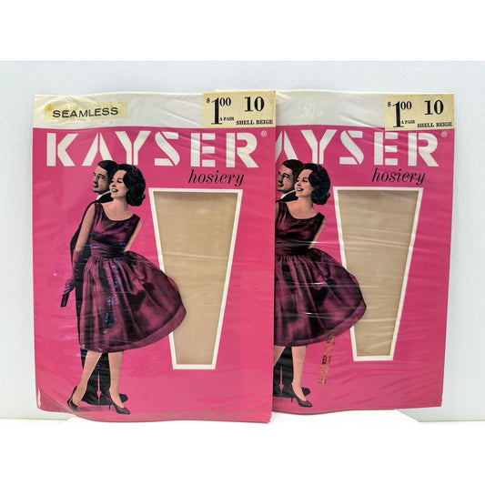 VINTAGE *NEW* 1960's Kayser Hosiery Seamless-Shell Beige Sz 10 2-Pack